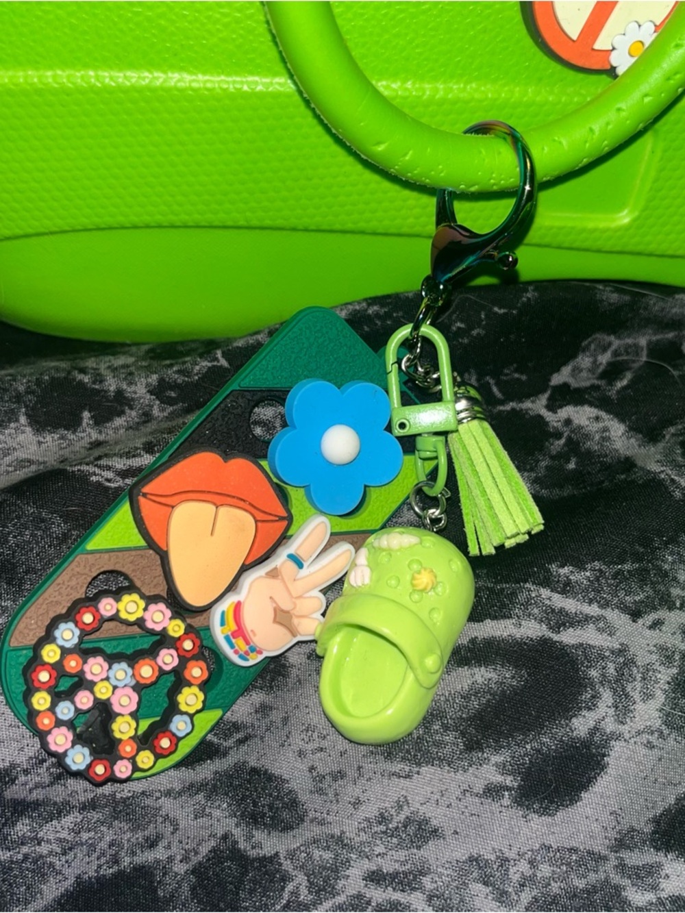 Bright Lime Green Jibbitz-Decorated croc Tote and Wallet with keychain - Picture 2 of 8